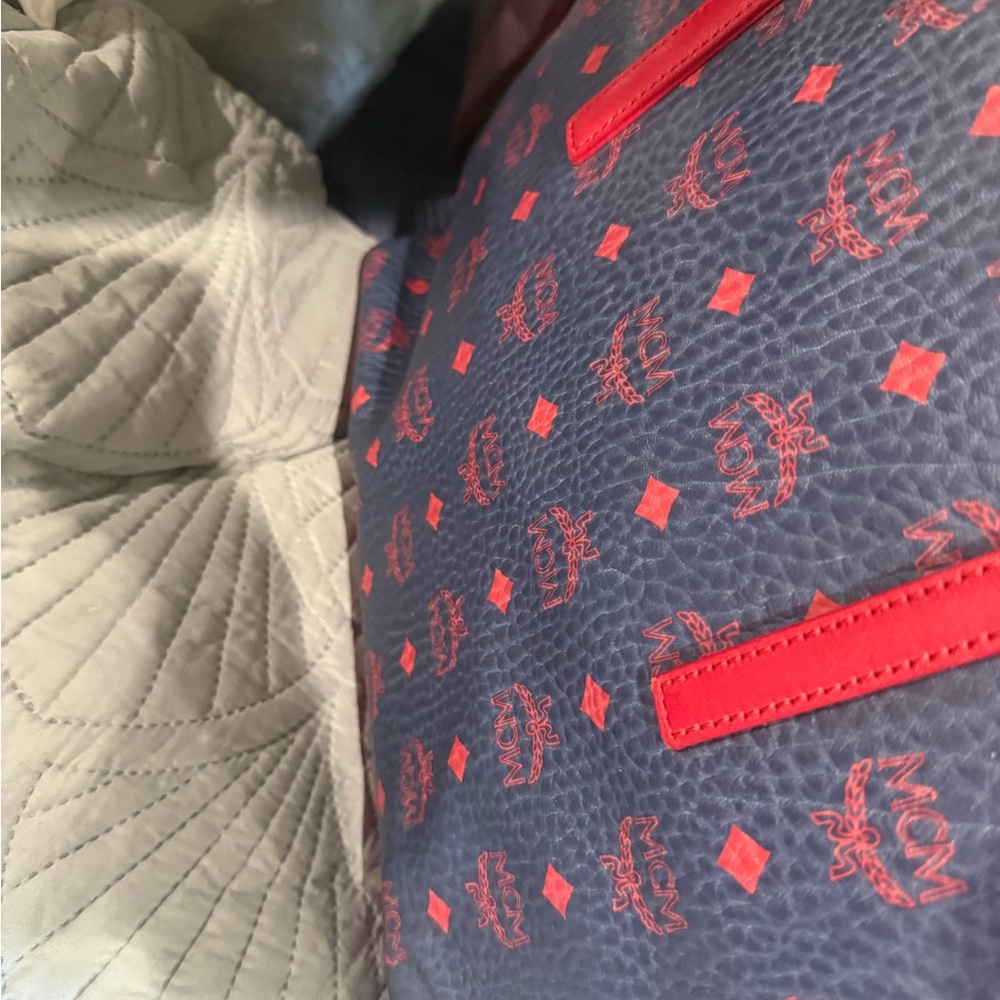 MCM Navy Visetos Canvas Tote with Red Trim and Handles - Picture 6 of 13